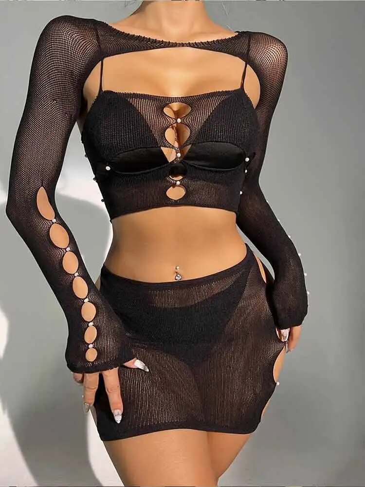 Knit Matching Sets Women Long Sleeve Crop Top Skirt Set See Through Club Party Suits Cut Out Two Pieces Sets Sexy Outfits Black