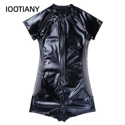 Wetlook Latex Catsuit Leather Man Jumpsuits Black Stretch PU Leather Bodysuits Sexy Clubwear Men  Zipper Open Crotch Catsuit