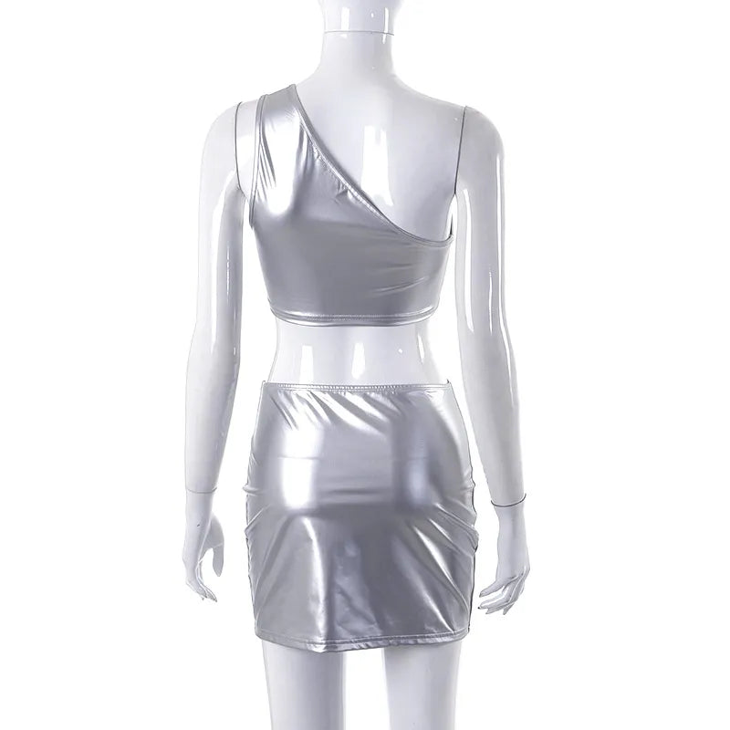 Bright Silver Sexy 2 Pieces Set Women 2023 New Solid Color One Shoulder Sleeveless Crop Top and Short Skirt Suit for Summer