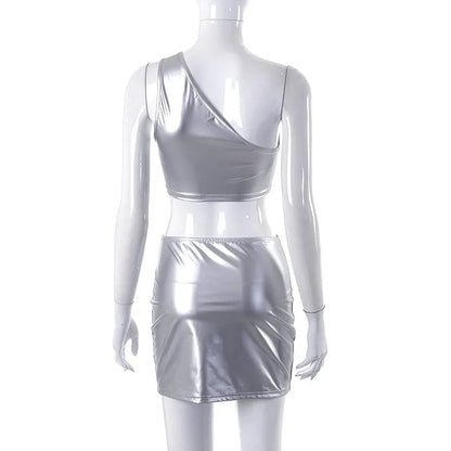 Bright Silver Sexy 2 Pieces Set Women 2023 New Solid Color One Shoulder Sleeveless Crop Top and Short Skirt Suit for Summer