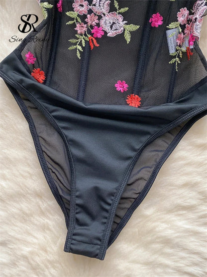 Wanita Damen-Body mit Spitze, Blumenstickerei, sinnlich, ärmellos, Korsett, Netzstoff, schlank, figurbetont, mit offenem Schritt, rückenfrei, Playsuits, Wanita