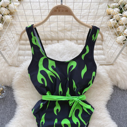 Strap Print Slim Swimsuits Ladies Backless Elastic Tank Playsuits 2023 Fashion Vintage Ins Sexy Bodysuits Wanita