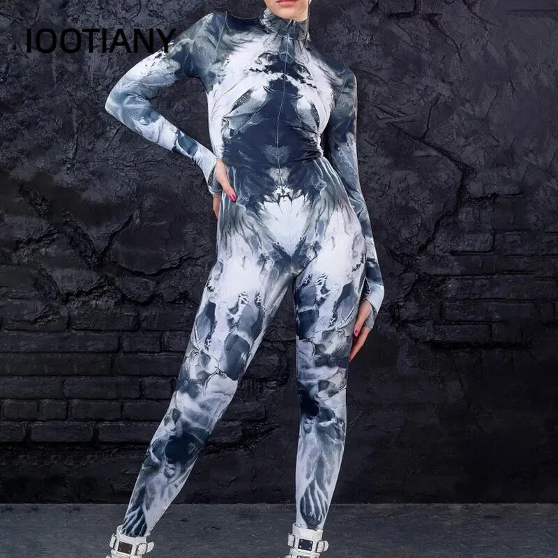 Multicolor Ocean Style Cosplayer Halloween Tight Woman Suits Printed Bodysuit Purim Carnival Festival Cosplay Costume Catsuits