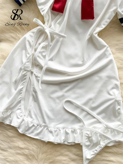 Japan Style Split Sexy Nightdress Ladies Bow Neck Hotsweet Mini Dress+Thong Ruffle Hollow Out Cosplay  Nightwear Wanita