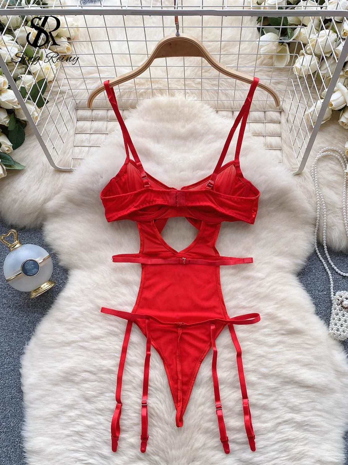 Transparent Mesh   Bodysuits Strap Splice Beading Hollow Out Bow 2023 Christmas Apparel Sheer Sexy Playsuits Wanita