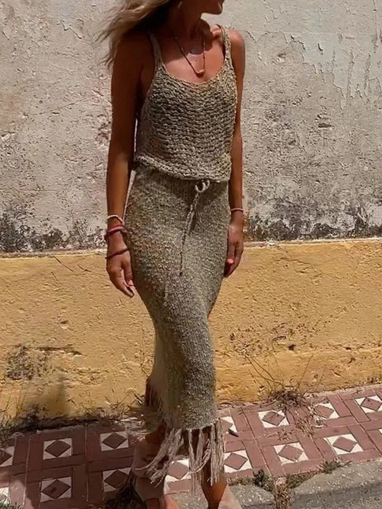 Zweiteilige Sets gestrickte Leibchenbluse Quastenröcke Frauen Sexy durchsichtig Sommer Mesh Strandkleid Anzüge aushöhlen Sling Tops