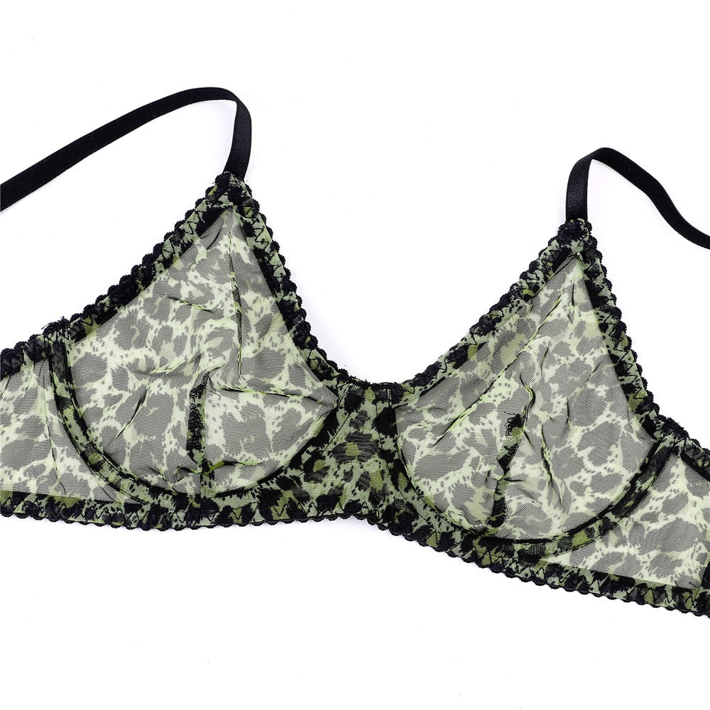 Lencería de leopardo de neón, ropa interior de encaje de 5 piezas, conjuntos de liga transparentes sensuales sexis sin costuras