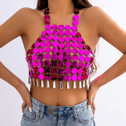 IngeSight.Z Sexy Sequins Hanging Neck Bra Top Chest Chain Women Summer Beach Crystal Tassel Pendant Body Festival Y2K Jewelry