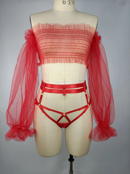 Schulterfreie Dessous-Sets aus durchsichtigem Netzstoff, ouvert, nackte Outfits, unzensierte, langärmelige, transparente Sissy-Intimität