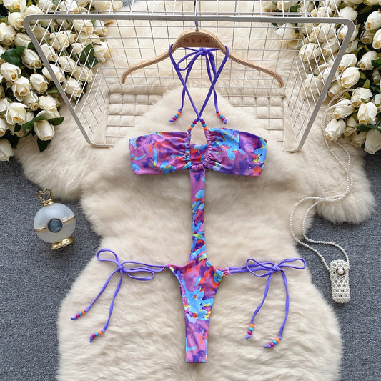 Wanita Fashion Hollow Out Sexy Bodysuit Halter Lace Up Cross  Backless Design 2023 Women Sensual Bikini Swimsuits