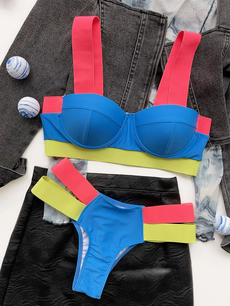 Women's Swimsuits Sexy Swimwear Patchwork Bikini 2020 Woman Push up Biquini Neon Bikinis Swimsuit Bathing Suits 2021