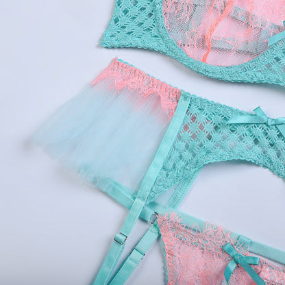 Lencería de plumas, ropa interior de encaje de lujo de 4 piezas para mujer, sin censura, 18 sujetador de tul transparente, conjunto de liga Sensual íntimo