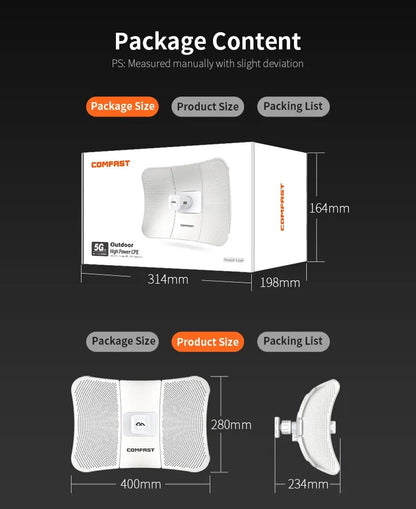 Nanoestación WiFi CPE de largo alcance, 25KM, 900Mbps, transmisión al aire libre, 5GHz, puente inalámbrico, punto de acceso, antena 26dBi, LAN, RJ45