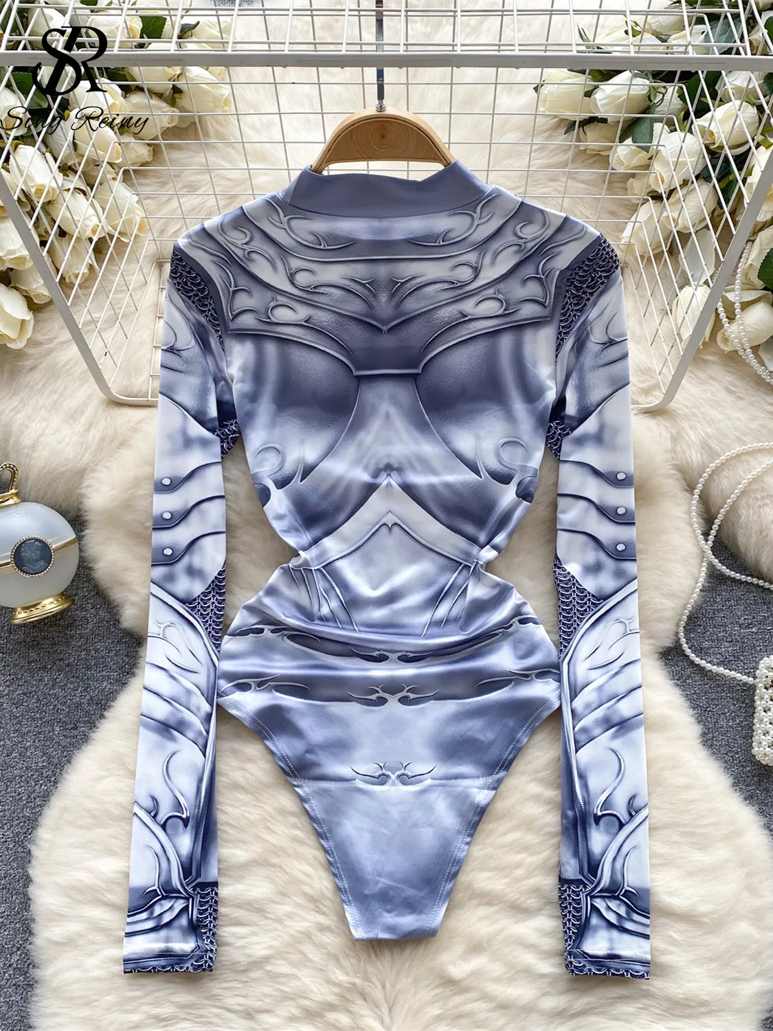 Sensual Hotsweet Print Playsuits Women Half High Collar Long Sleeved Slim Streetwear 2023 Fashion Sexy Slim Bodysuits Wanita