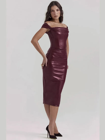 Mozision Wine Red Strapless Backless PU Leather Midi Dress For Women Off-shoulder Sleeveless Bodycon Club Party Long Dress