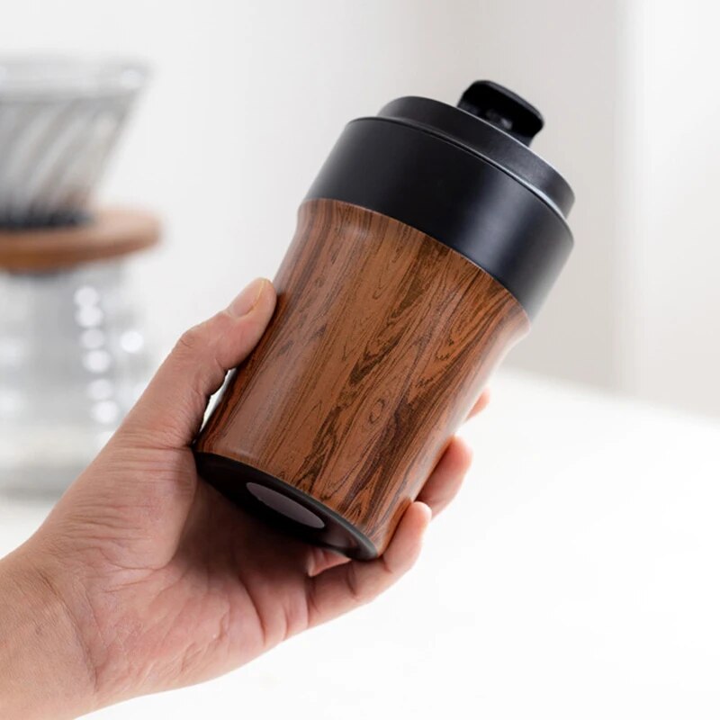 Taza de café portátil de grano de madera con tapas, vaso termo aislado al vacío para mantener el café, té, caliente, frío, revestimiento interior de cerámica