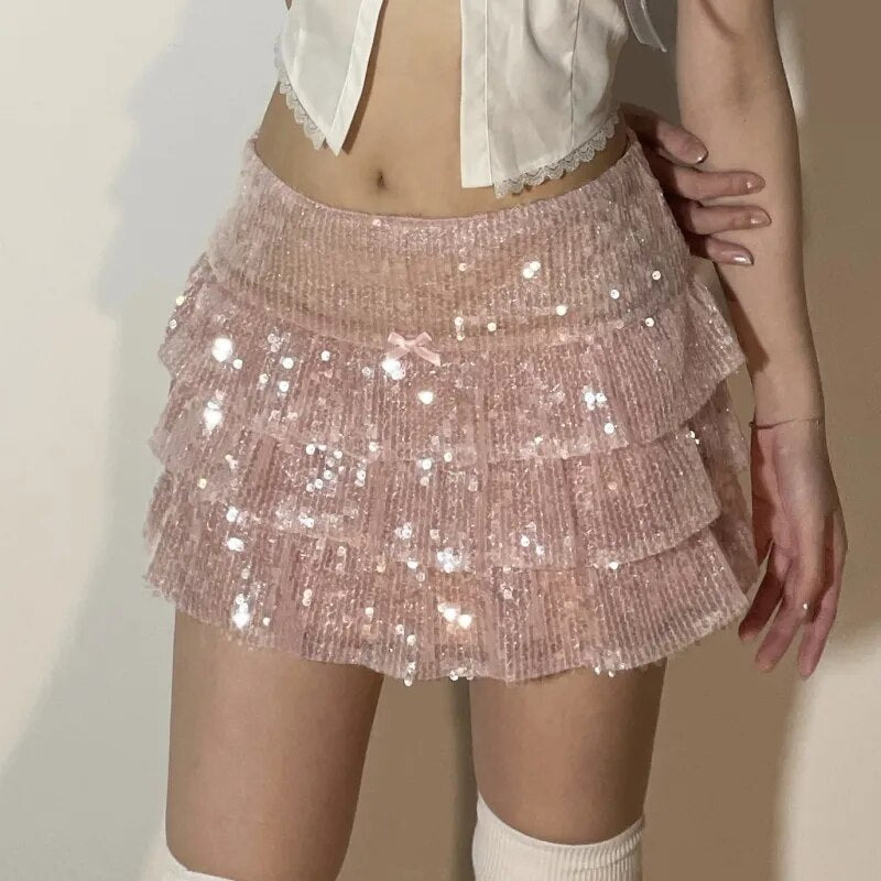 Fashion Women Sequin Mini Skirts Ladies Girls Pink Layered Ruffle Streetwear Short A Line Sparkly Club Party Skirts