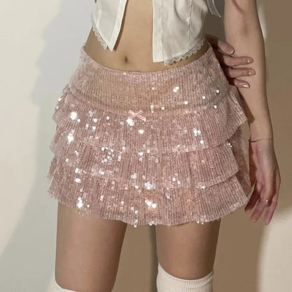 Mode Frauen Pailletten Mini Röcke Damen Mädchen Rosa Geschichteten Rüschen Streetwear Kurze A-linie Sparkly Club Party Röcke