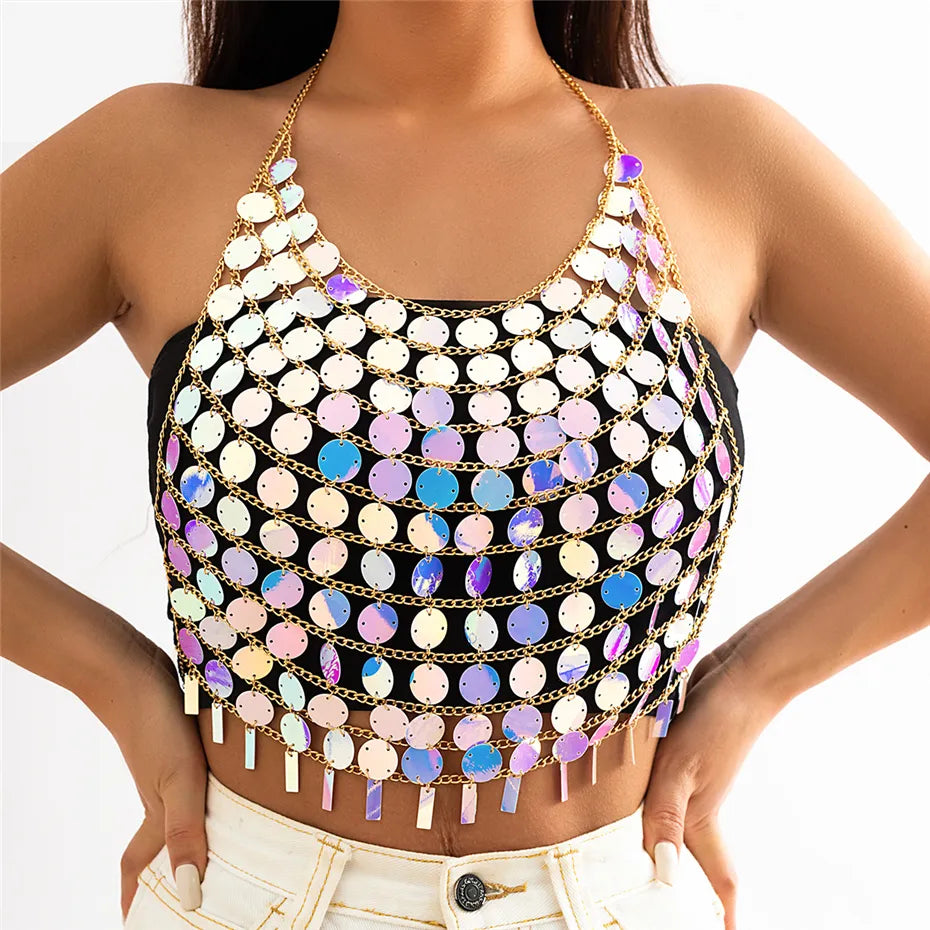 Sexy Colorful Plastic Sequin Chest Bra Lingerie Chain Necklace Women Summer Bikini Boho Festival Body Jewelry Y2K Accessories