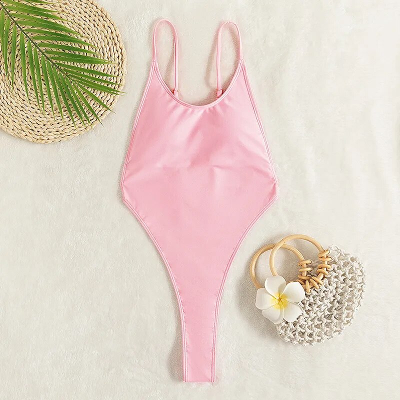 Backless Thongs Swimsuit Sexy One Piece Monokini Brazilian Bathing Suit High Leg Bikinis Beachwear Light Pink Body