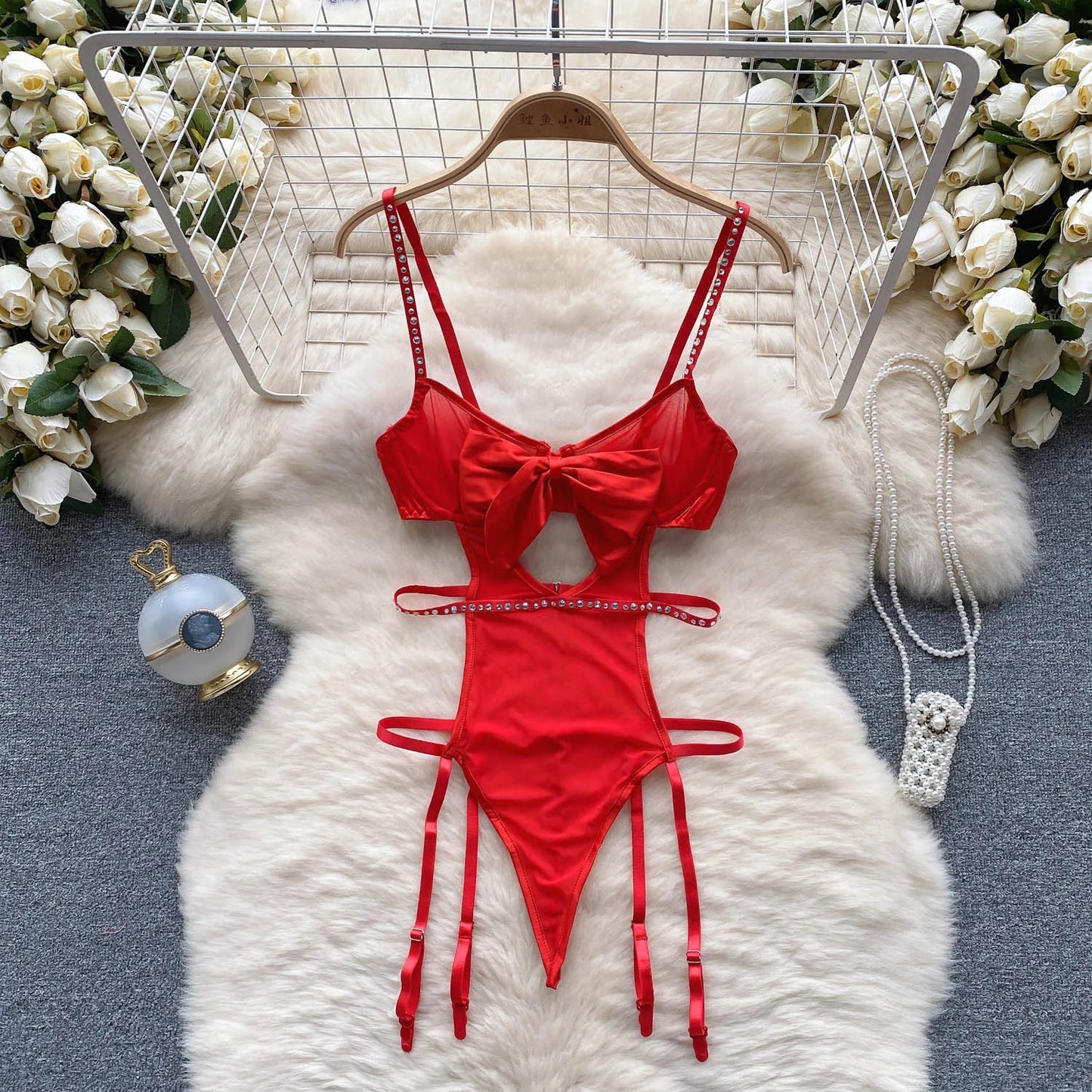 Transparent Mesh   Bodysuits Strap Splice Beading Hollow Out Bow 2023 Christmas Apparel Sheer Sexy Playsuits Wanita