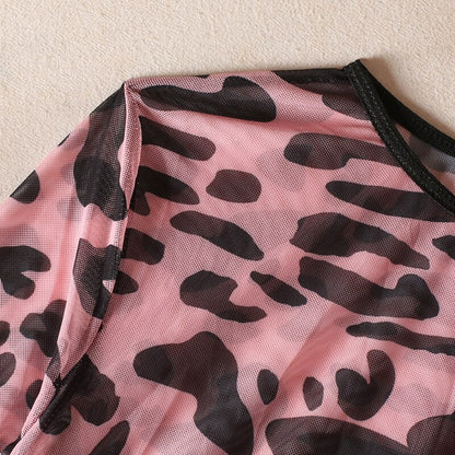 Trajes de lencería de leopardo, Tops de color rosa claro, conjuntos de manga larga para mujer, 2 piezas, Color de contraste, productos íntimos para chica joven