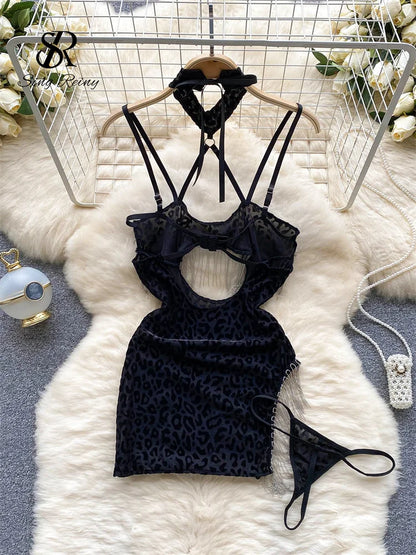 Leopard Print Sheer Sexy Dress Women Strap Hollow Out Slim Sensual Nightwear+Thongs Tassel Backless  Night Dress Wanita