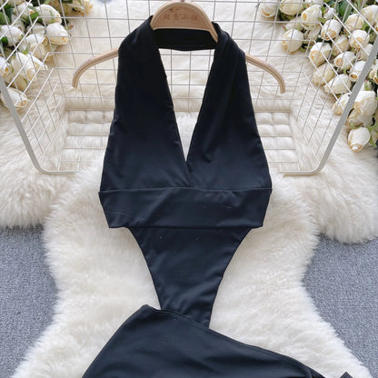 Halter Solid Sexy Bodysuits Women Deep V Neck Sensual Playsuits+Mini Skirt 2023 Bow Sweet   Night Suits Wanita