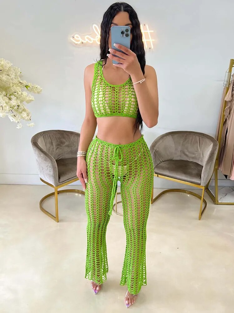 Sibybo Summer Beach Wear Knit Outfits Women Hollow Out Crop Tops And See Through Straight Pant Suits Femme 2 Piece Matching Sets