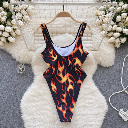 Strap Print Slim Swimsuits Ladies Backless Elastic Tank Playsuits 2023 Fashion Vintage Ins Sexy Bodysuits Wanita