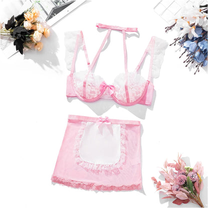 Lencería traje de mucama falda de encaje con volantes sujetador Halter translúcido artículos íntimos a juego ropa interior elegante Sissy