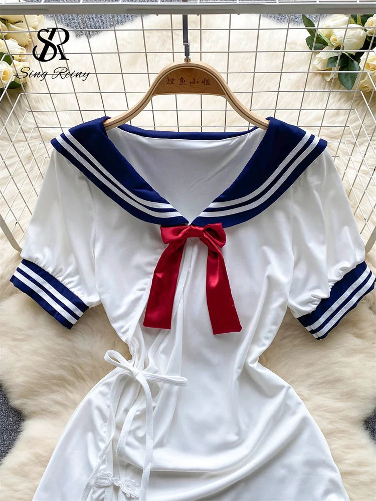 Japan Style Split Sexy Nightdress Ladies Bow Neck Hotsweet Mini Dress+Thong Ruffle Hollow Out Cosplay  Nightwear Wanita