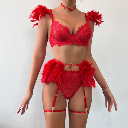 Lencería de plumas, ropa interior de lujo de encaje, conjuntos de sujetador y bragas transparentes de 5 piezas, Sissy íntimo sin costuras, Push Up Sensual