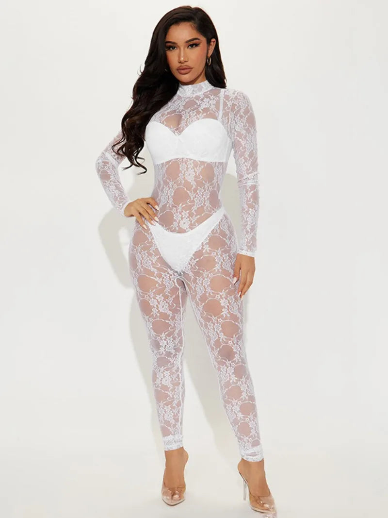 Monos sexis de malla de encaje blanco transparente para mujer, traje transparente de manga larga para otoño e invierno, traje para Club nocturno 2023