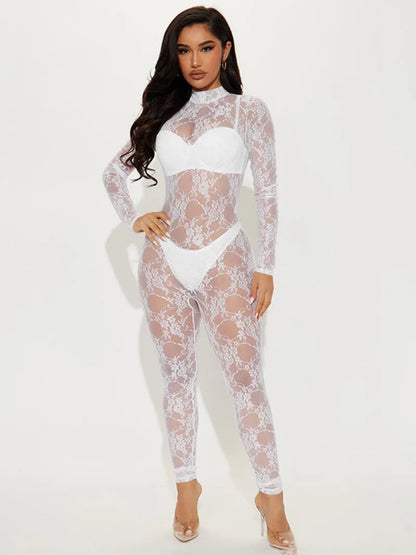 New Fashion Sexy See-through White Lace Mesh Jumpsuits Women 2023 Fall Winter Long Sleeve See-through Bodysuit Night Club Outfit