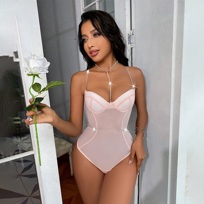 Rhinestone Sexy Lingerie Bodysuit Women Lace Sleeveless Bodies Underwire Push up Bodycon High Cut Body Backless Top