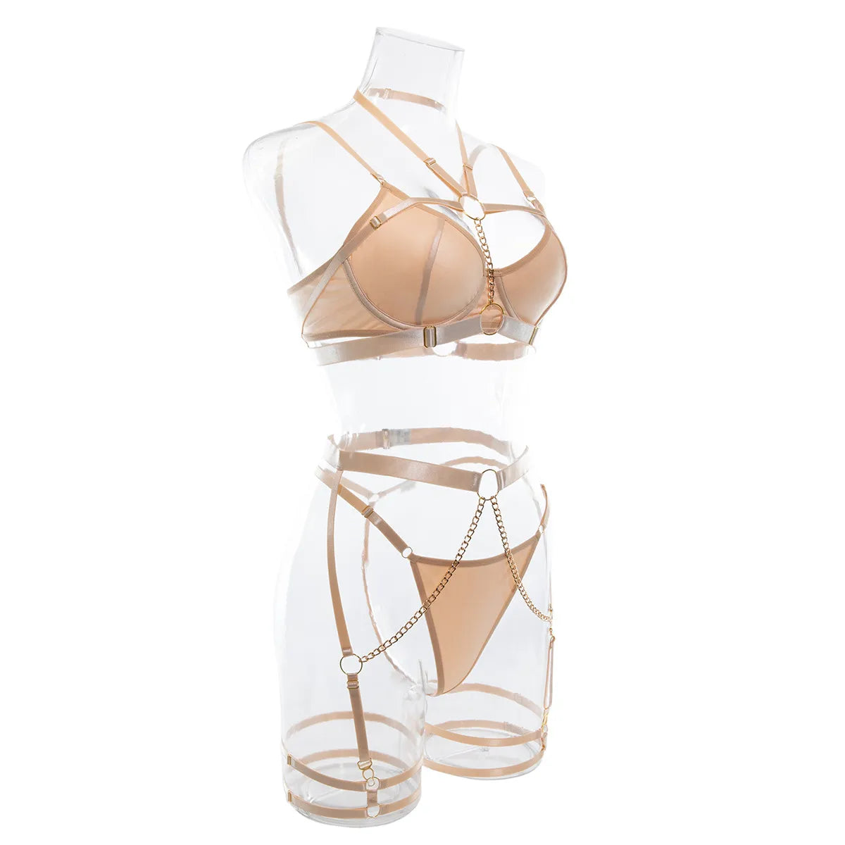 Conjuntos de lencería con cuello Halter para mujer, ropa interior de lujo con cadena, Tanga, cadena fina, conjunto de sujetador, transparente, íntimo y Sexy