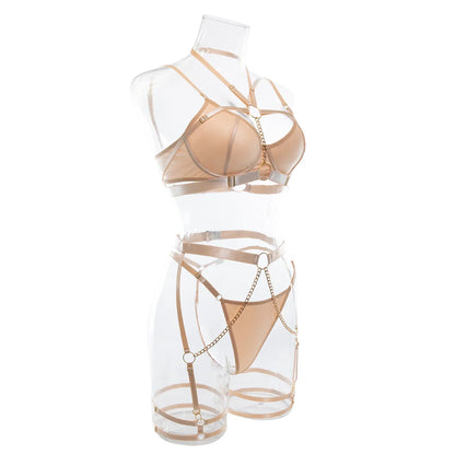 Neckholder-Dessous-Sets für Damen, luxuriös, mit Kette, G-String, feine Kette, Unterwäsche-Set, BH-Outfit, transparent, intim, sexy