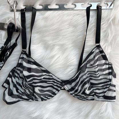 Zebra-Dessous für volles Crop-Top, enges Outfit, transparente transparente Spitze, nahtlose Intim-String-Slip-Sets