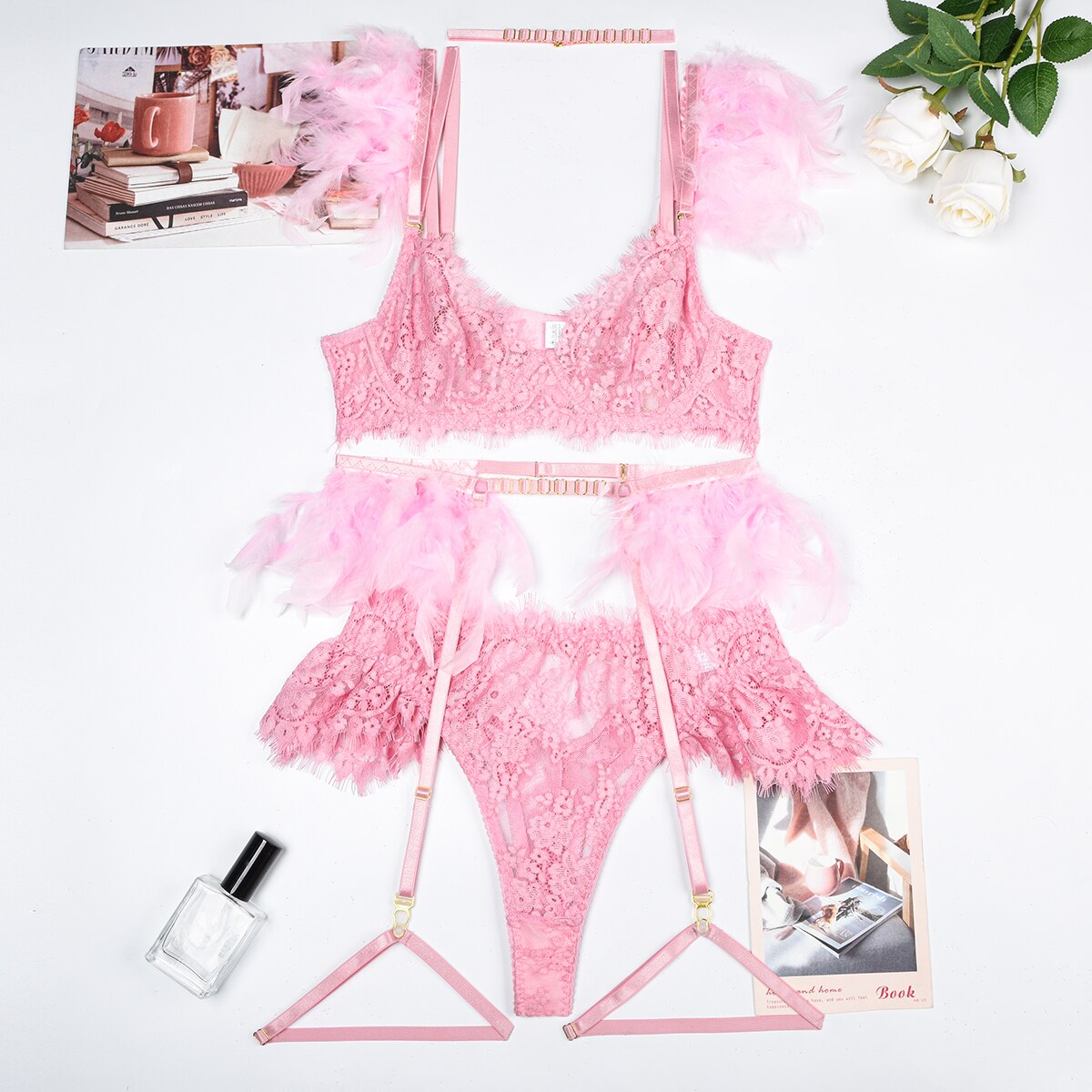 Lencería de plumas, ropa interior de lujo de encaje, conjuntos de sujetador y bragas transparentes de 5 piezas, Sissy íntimo sin costuras, Push Up Sensual