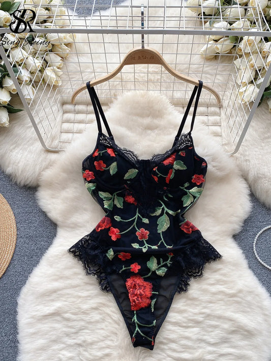 Senior Floral Lace Bodysuits Women Spaghetti Strap Embroidery Slim Sexy Rompers Fashion Mesh Sheer Sensual Playsuits Wanita