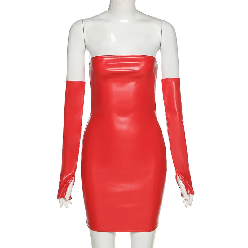 Leosd Sexy Strapless PU Mini Club Dress Winter Autumn Faux Leather Bodycon Dresses with Sleevelets Party Clubwear Tube Sundress