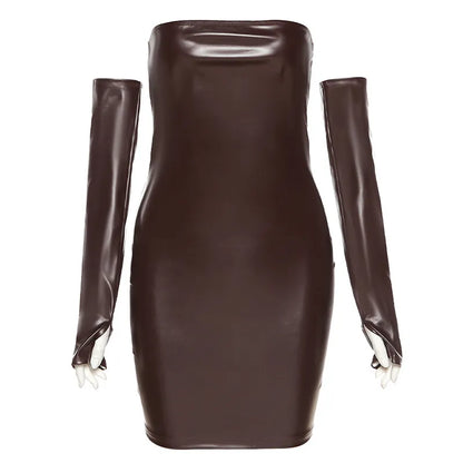 Leosd Sexy Strapless PU Mini Club Dress Winter Autumn Faux Leather Bodycon Dresses with Sleevelets Party Clubwear Tube Sundress