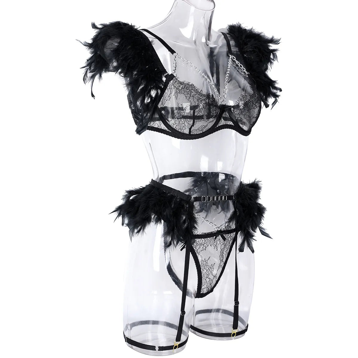 Feder-Dessous-Sets für Damen, luxuriöses G-String-Spitzenunterwäsche-Set, sexy BH und Höschen-Set mit Kettenstrumpfband, Intim