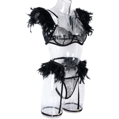 Conjuntos de lencería de plumas para mujer, conjunto de ropa interior de encaje con Tanga de lujo, conjunto de sujetador y bragas Sexy con liga de cadena Intim