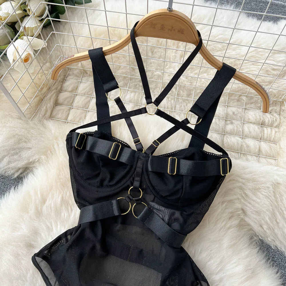 Fashion Sheer Sexy Bodysuits Women Buckle Crossing Halter Strap Open Crotch Nightwear Hollow Out Slim Sensual Playsuit Wanita