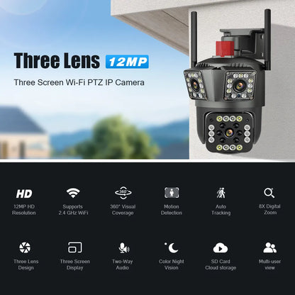 HD 8MP PTZ WiFi 4K cámara de pantalla de doble lente 6K 12MP tres pantallas protección de seguridad detección de movimiento IP CCTV Survalance al aire libre