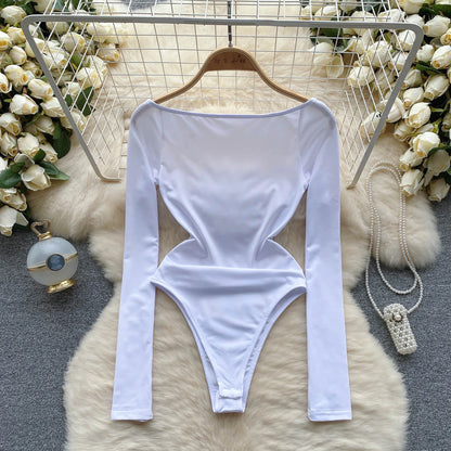 Fashion Simple Style Sexy Bodysuits Women Off Shoulder Long Sleeved Sheath Rompers Sensual Open Crotch Slim Playsuits Wanita