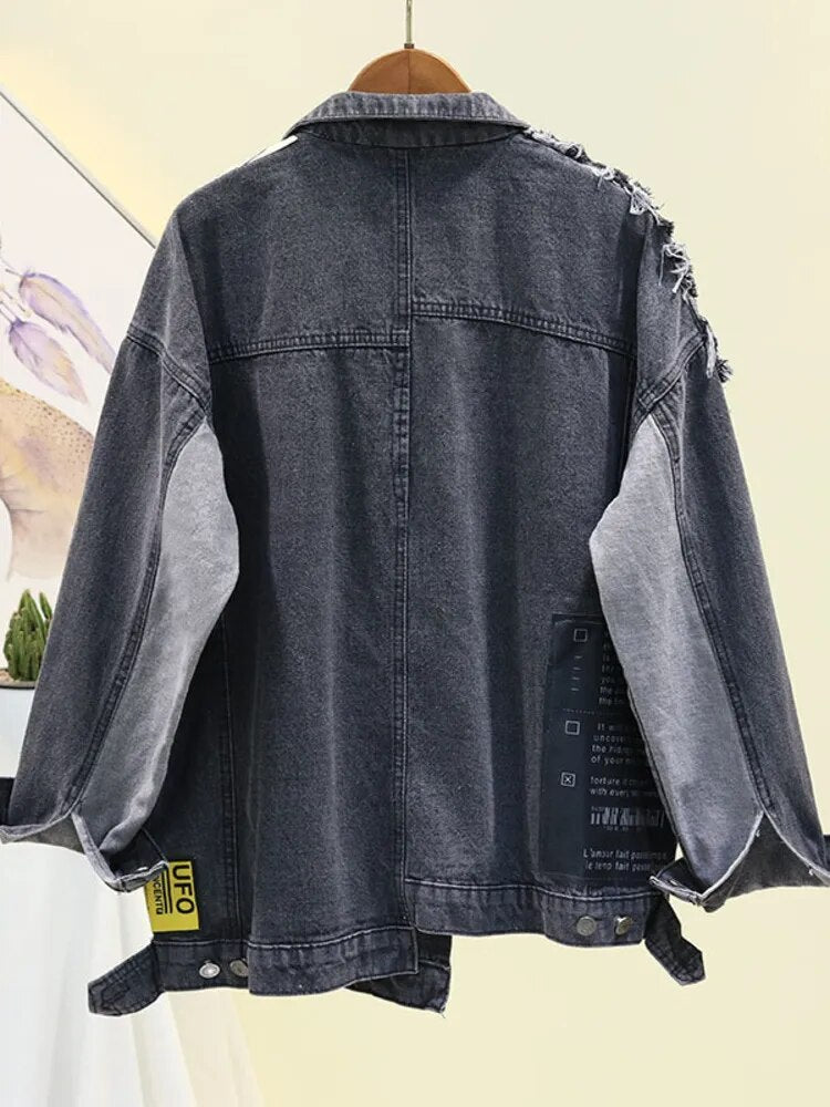 Vintage Vollarm-Applikationen, Zeitungsmuster, große Größe, schwarze Jeansjacke, Freizeit-Trendmantel, 2023 Herbst, neue Jeansjacke