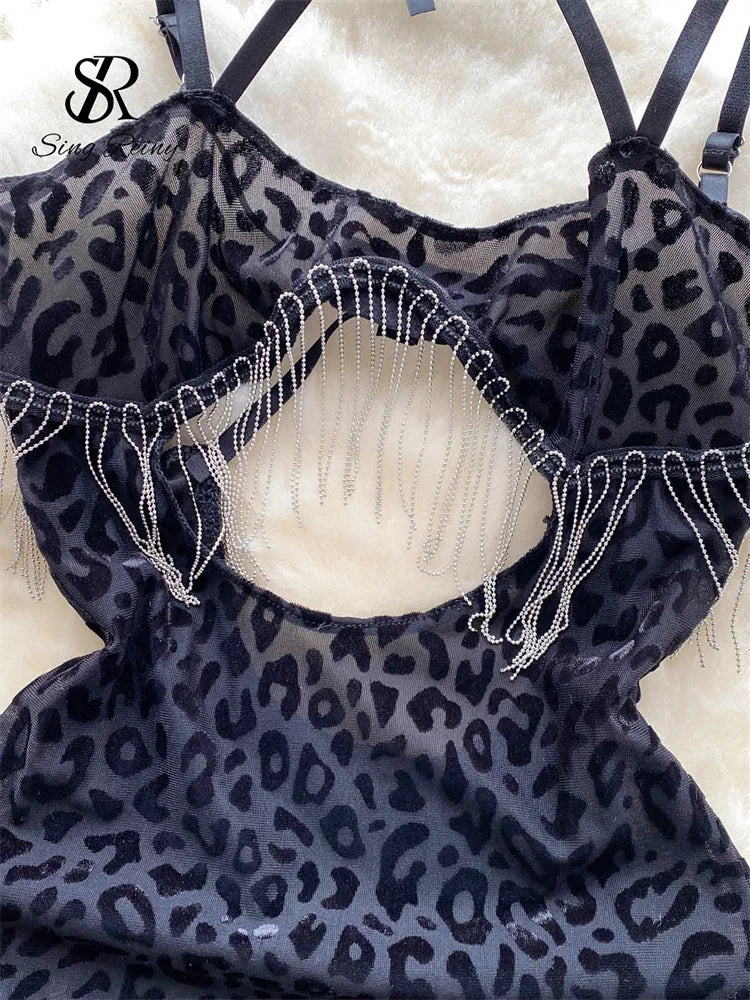 Vestido sexi transparente con estampado de leopardo para mujer, ropa de dormir Sensual ajustada con tirantes y tangas, vestido de noche con espalda descubierta y borlas Wanita